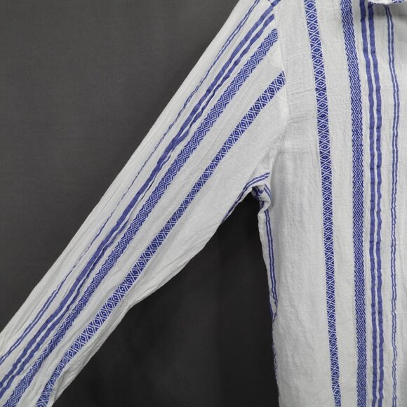 Womens Top Small Blue White Sheer Woven Coastal Cool Artsy Boho Oversized - Picture 3 of 11